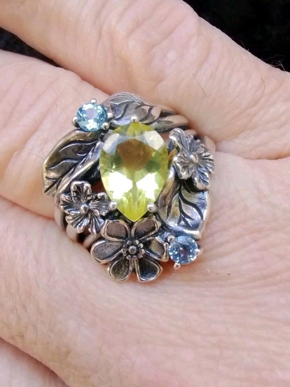 OR PAZ STERLING 925 FLORAL LEMON QUARTZ & BLUE TOPAZ GEMSTONE RING Sz 9.25